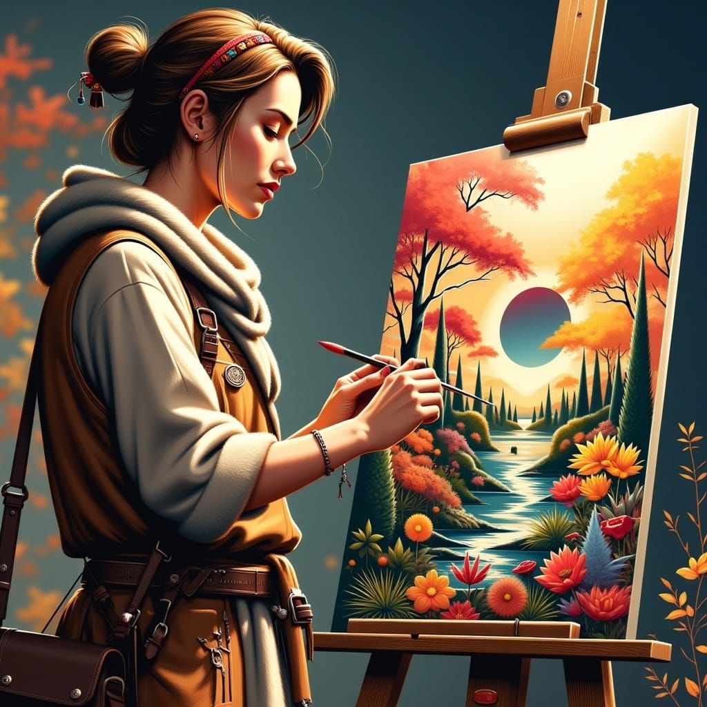 Painter at Easel Adding Strokes to Canvas