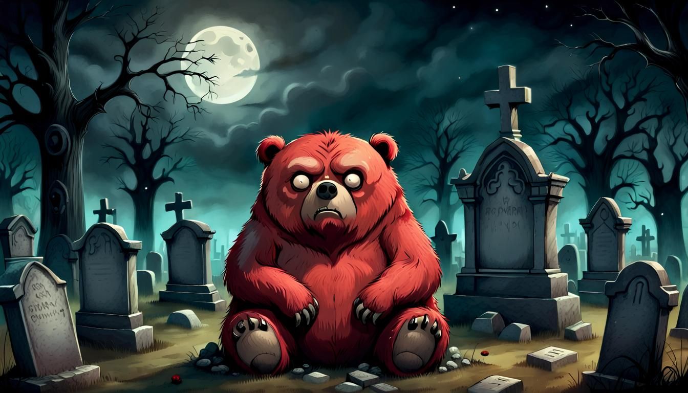 Grumpy Red Bear in Haunted Graveyard