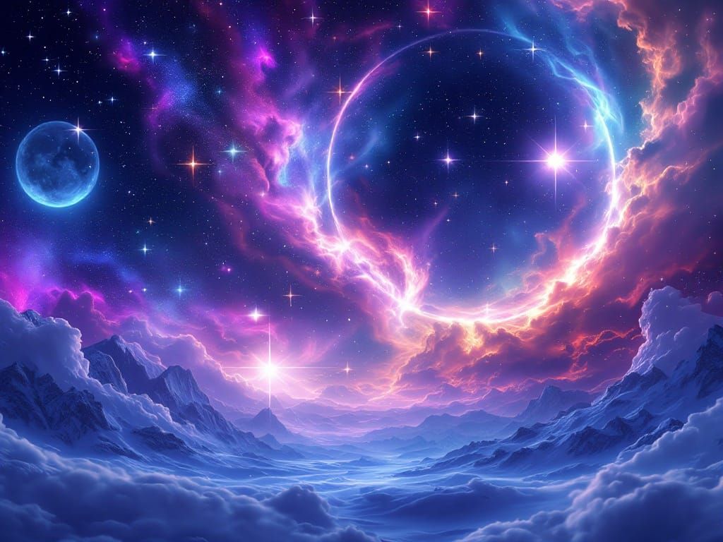 Vibrant Cosmic Cat Galaxy with Aurora and Moon