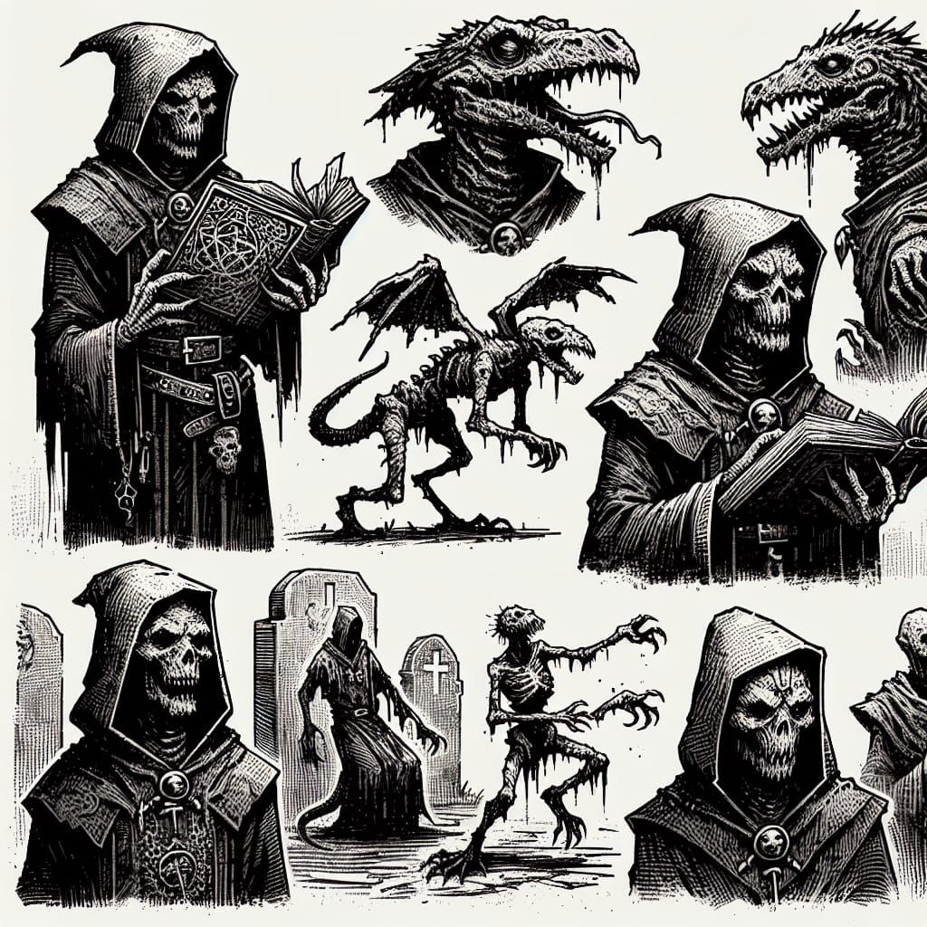 Dark Fantasy Illustration of a Lizardfolk Necromancer and Zo...