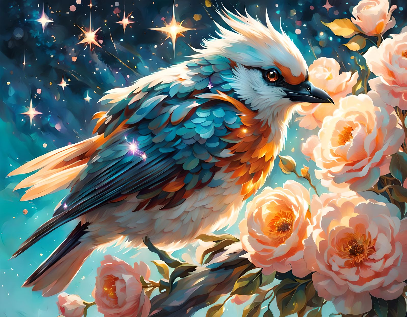 Blooming Celestial Bird Flies Through Sparkling Sky