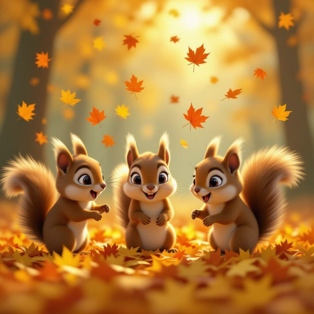 Adorable Squirrels Playful Chase in Autumn Leaves 3D Art