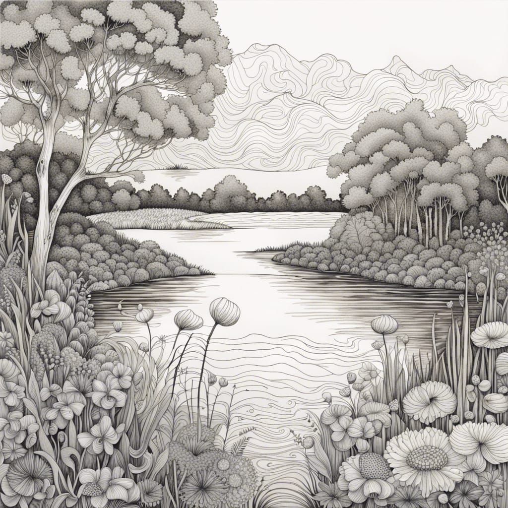 Intricate Zentangle Landscape at the Lake