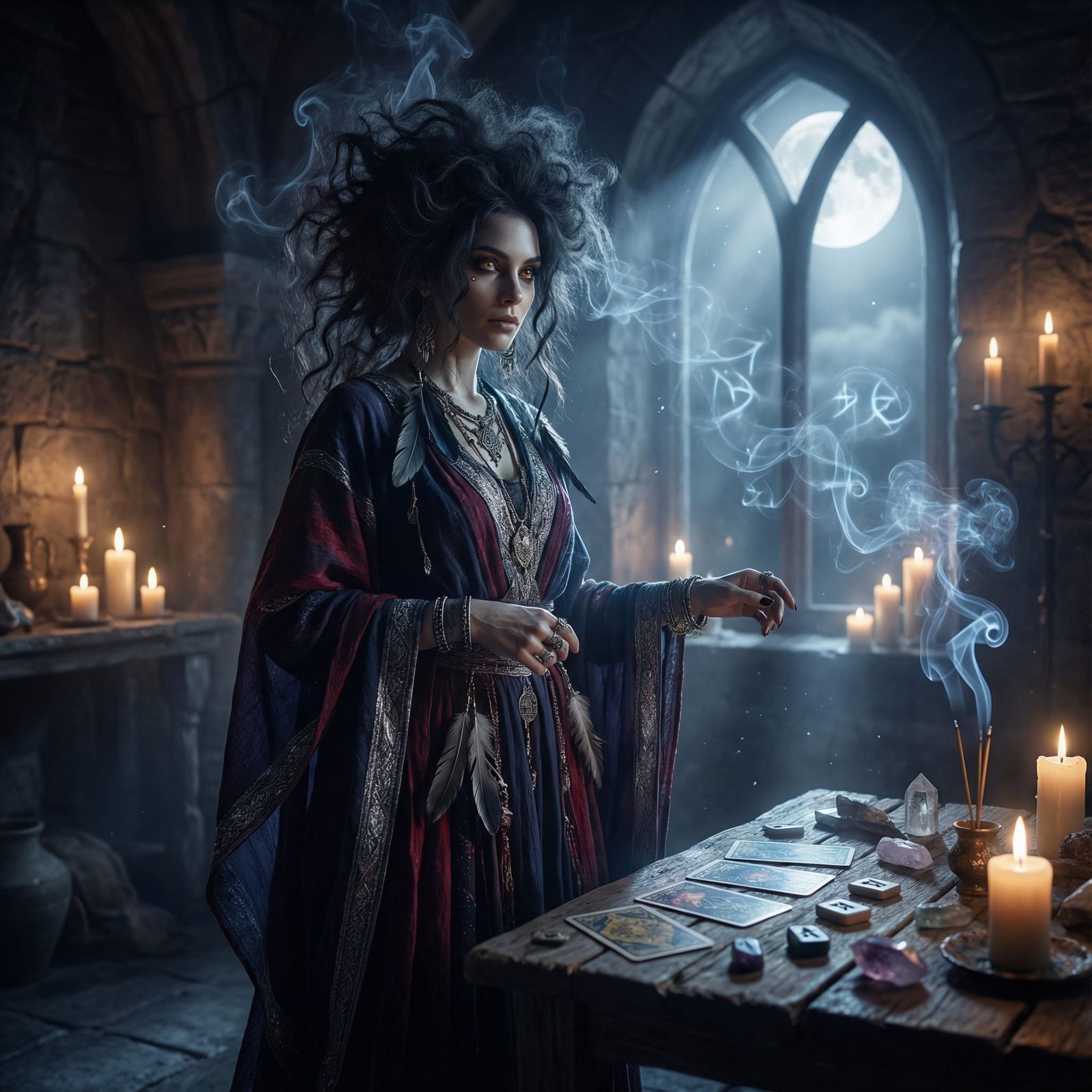 Ethereal Mystic Woman in Moonlit Shadows