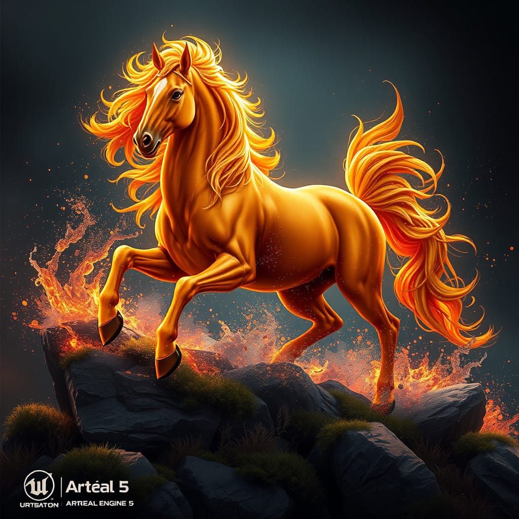 Surreal Golden Stallion in a Fantastical Landscape