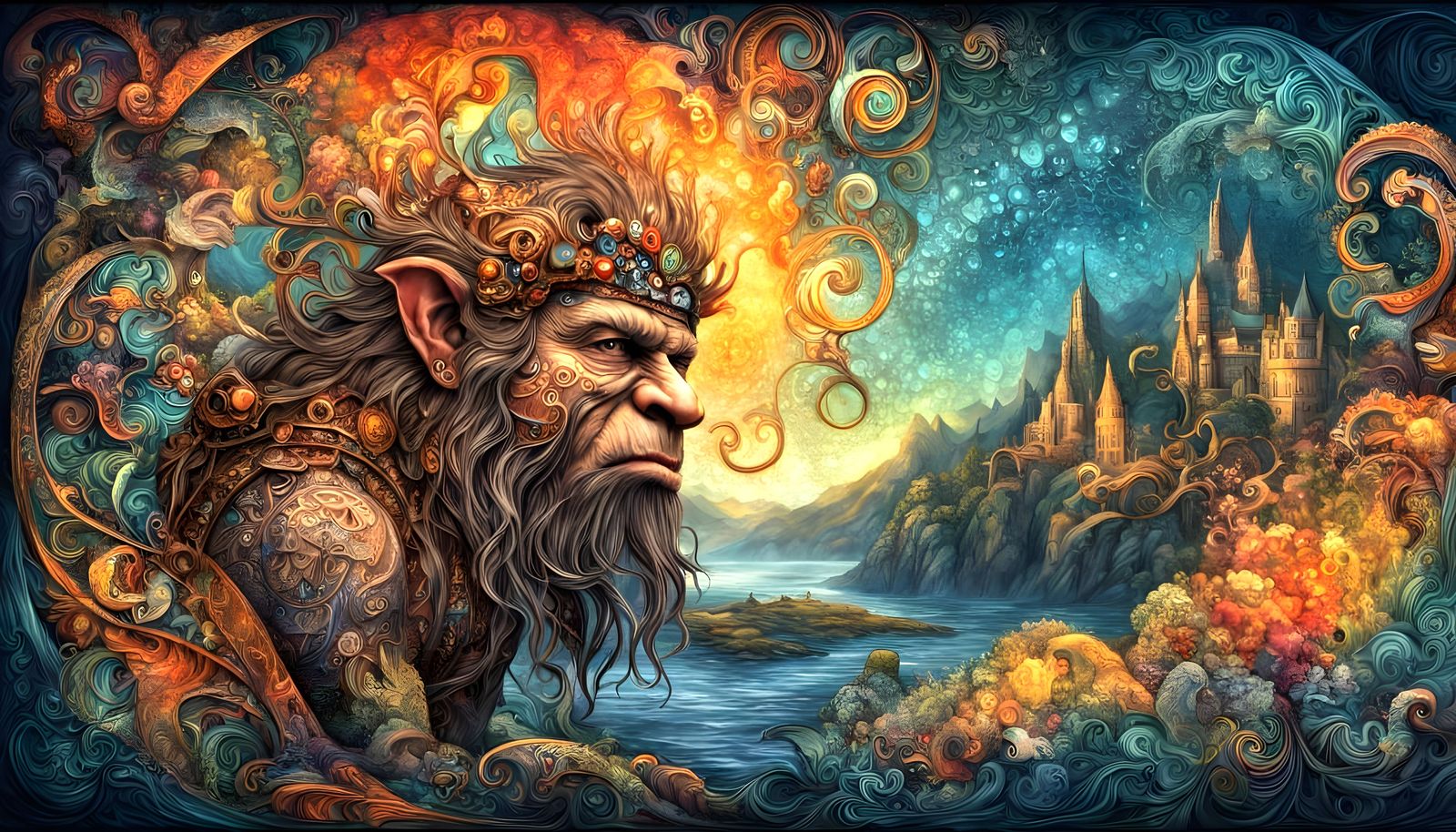 Norwegian Troll in Fractal Fjord, Art Nouveau Style