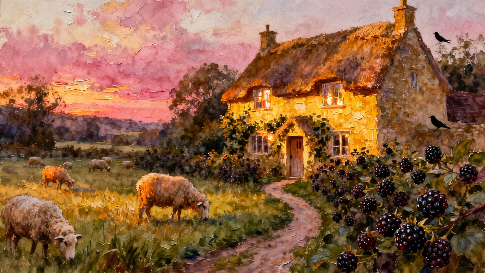 Gouache Painting of Cotswold Cottage at Sunset