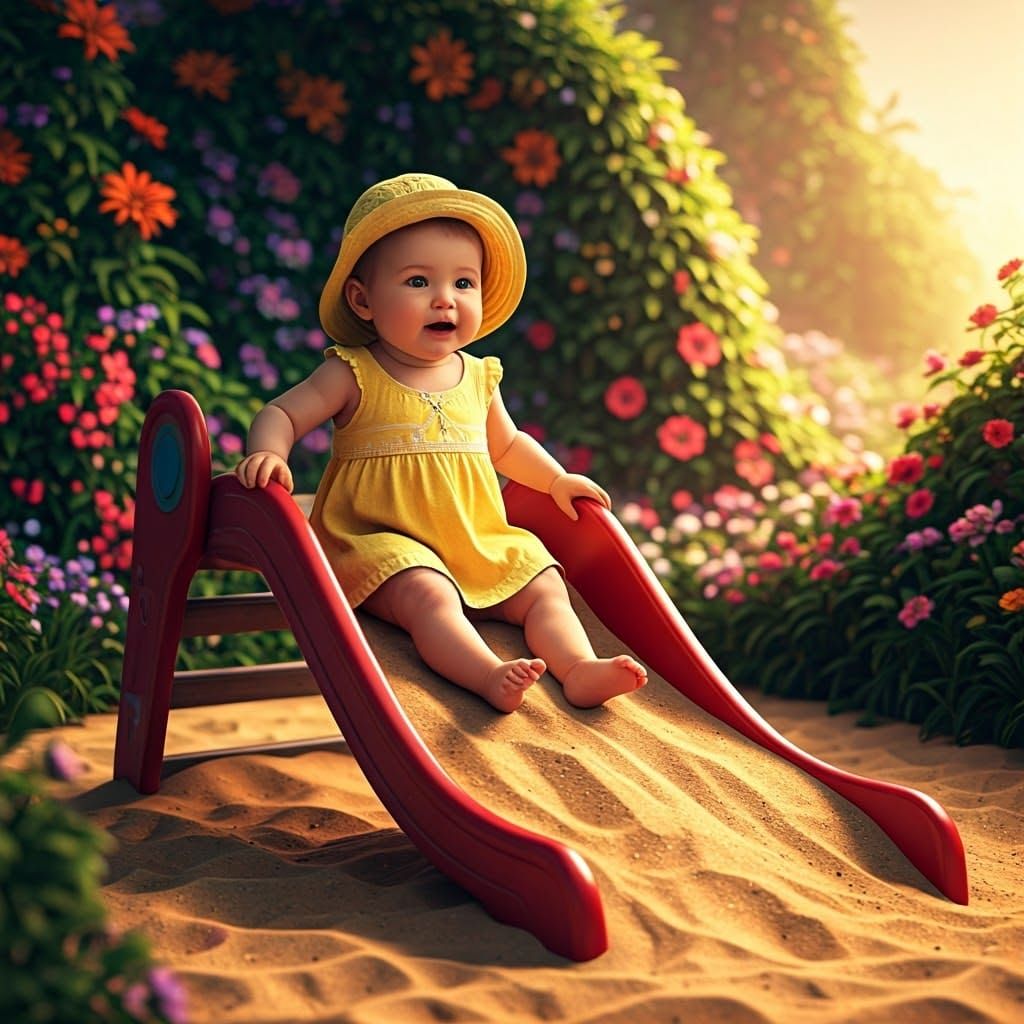 Cherubic Baby Slides into Vibrant Garden