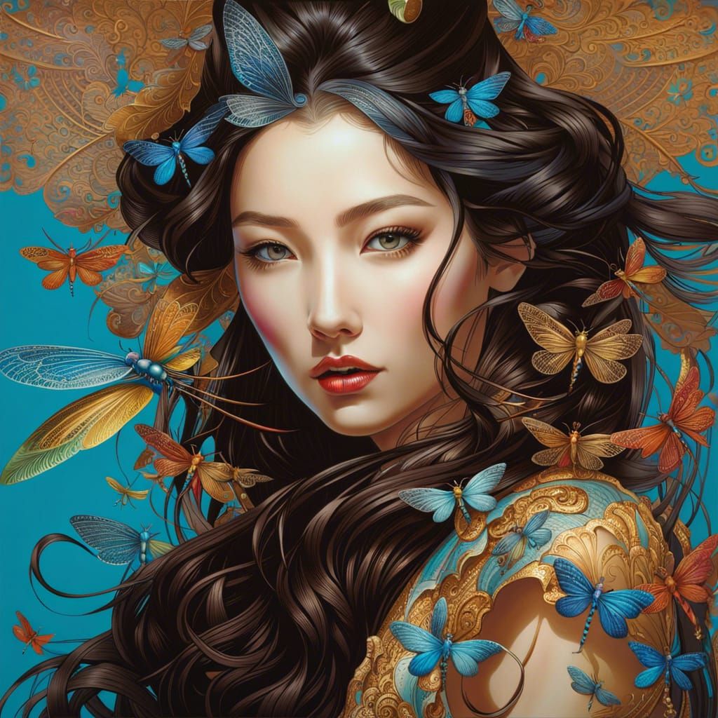 Intricate Portrait of Chinese Woman with Dragonflies