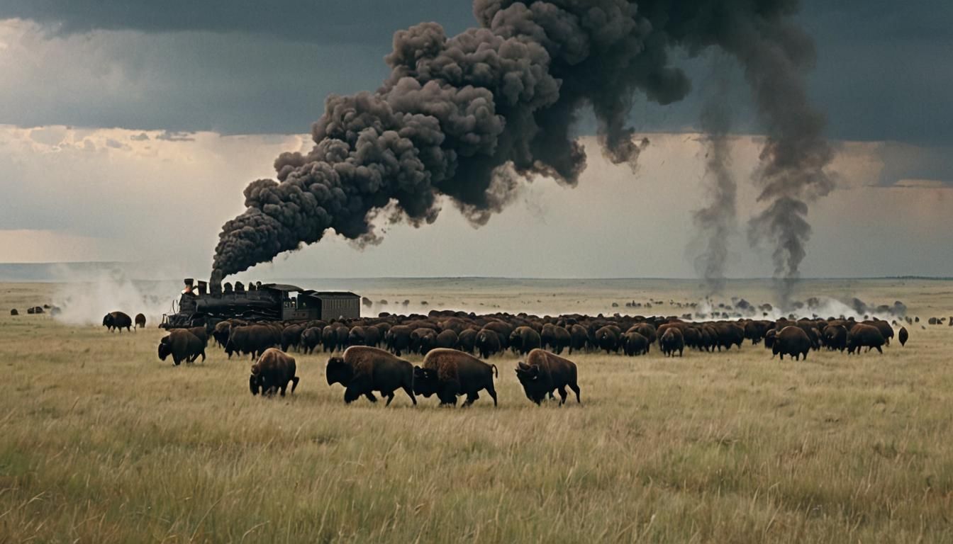 American Bison Stampede Across Prairie Railroad