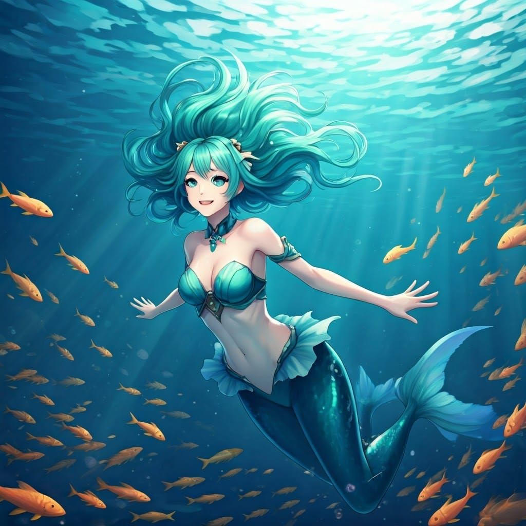Ethereal Naiad in Turquoise Waters with Radiant Smile
