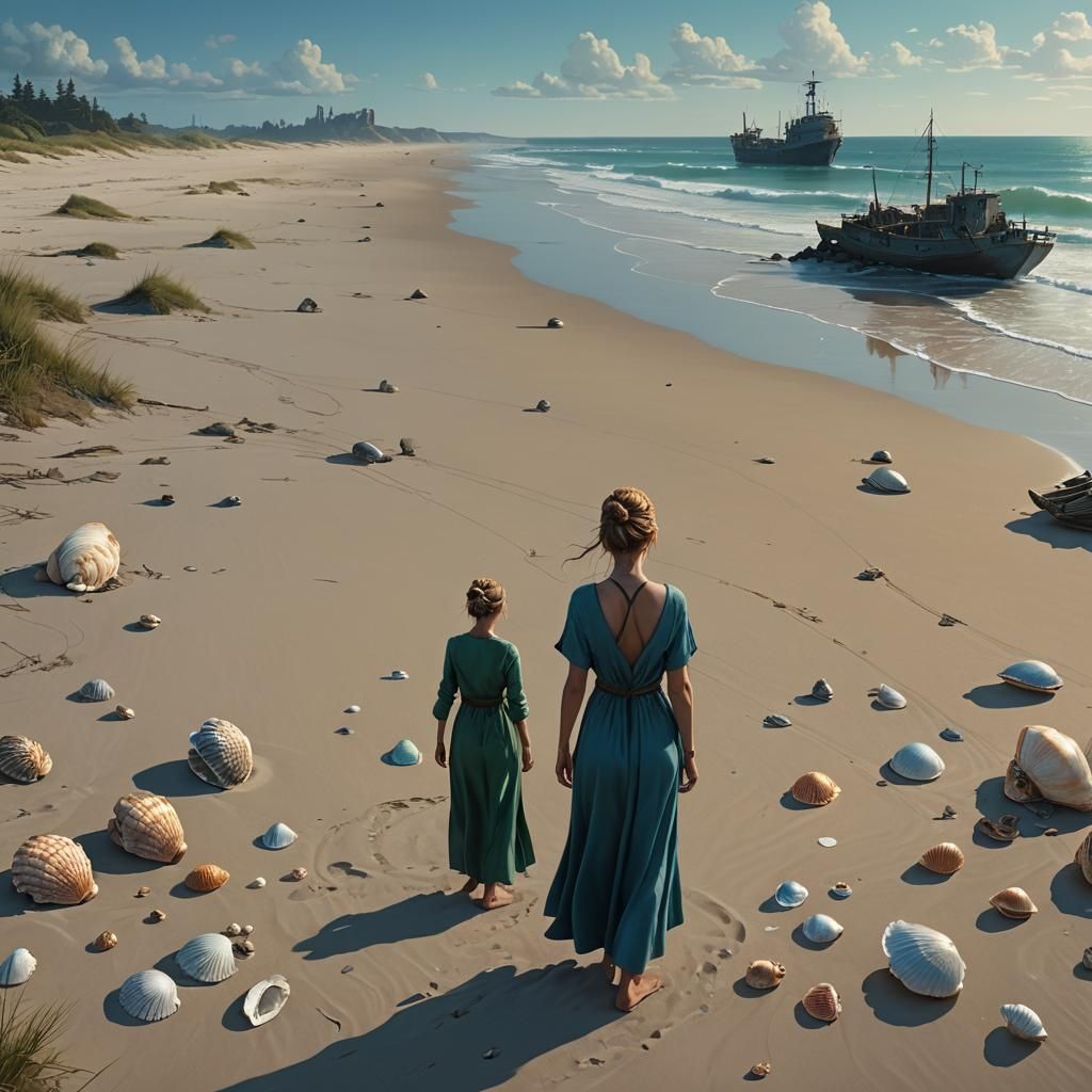 Girl on Beach with Seashells in Fantasy Style