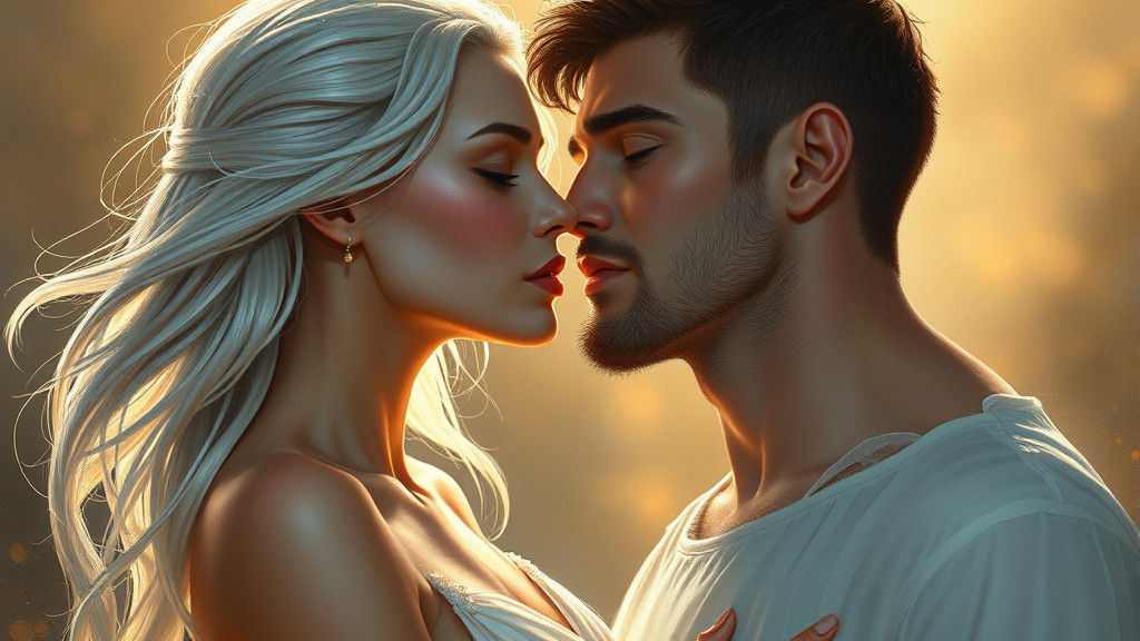 Ethereal Woman and Human Man Kiss in Dreamlike Art