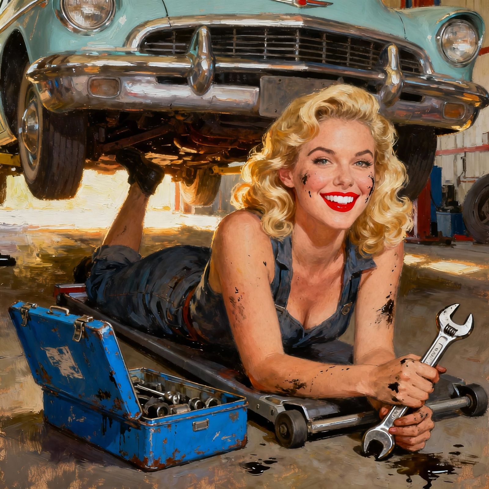 Confident 1950s Mechanic Posing Under Vintage Car