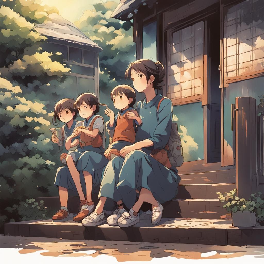 Anime Style Mother and Children Illustration