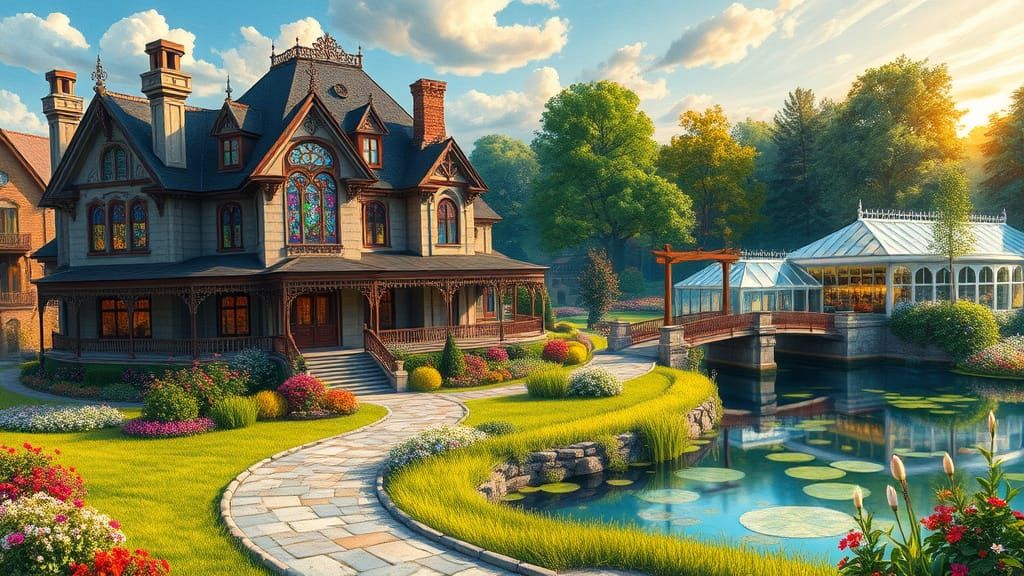 Victorian Mansion Beside Serene Pond and Lush Coffee Shop