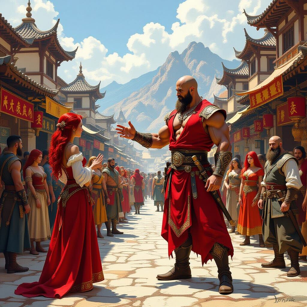 Fantasy Marketplace with Crimson Man in Hyperrealistic Style