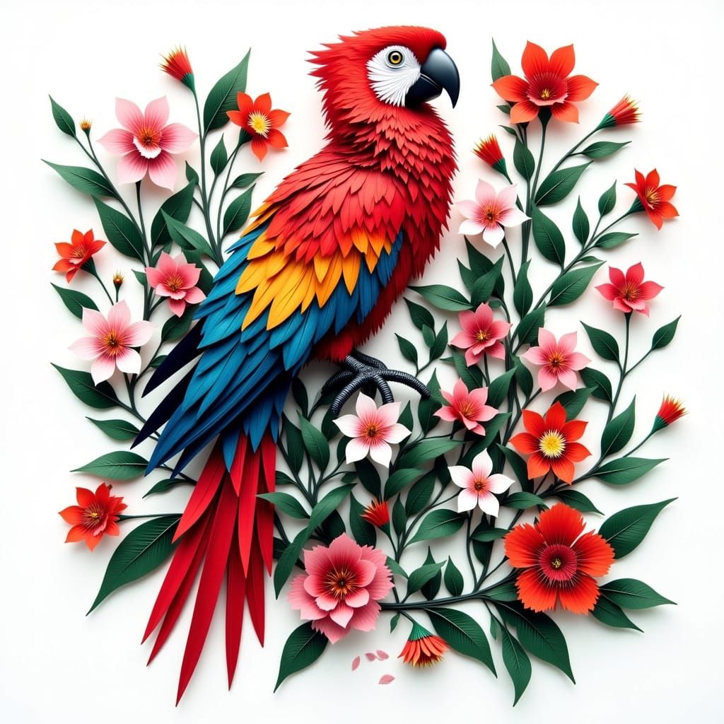 Vibrant Paper Cut Macaw in a Whimsical Garden