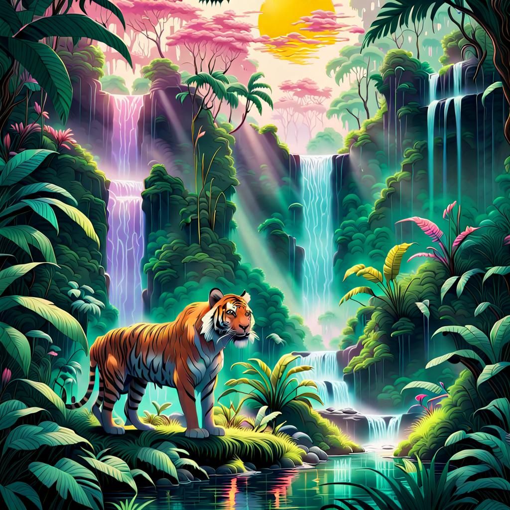 A vaporwave-inspired jungle teeming with exotic wildlife,