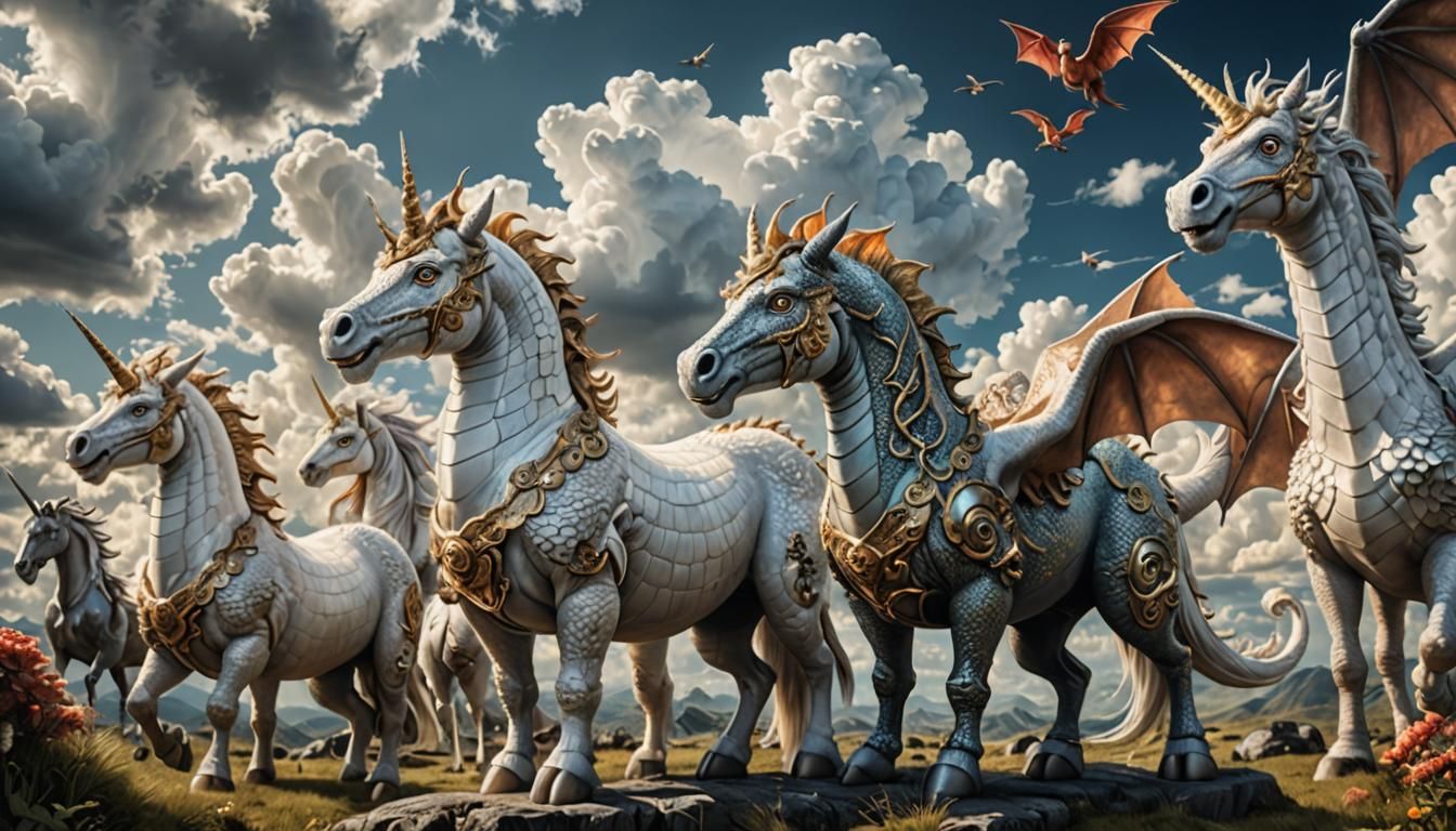 Whimsical Googly-Eyed Dragons and Unicorns in Dreamy Scene