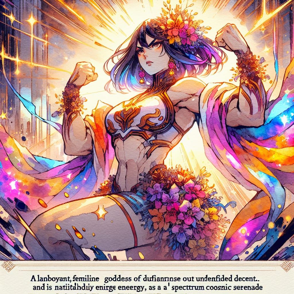 Luchadora Goddess Flexing in Anime Watercolor Style