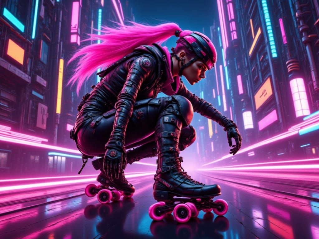 Cyberpunk Roller Skate Girl in Neon Cityscape
