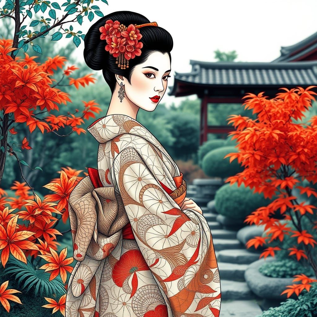 Elegant Geisha in Japanese Garden, Blending Zentangle and Uk...