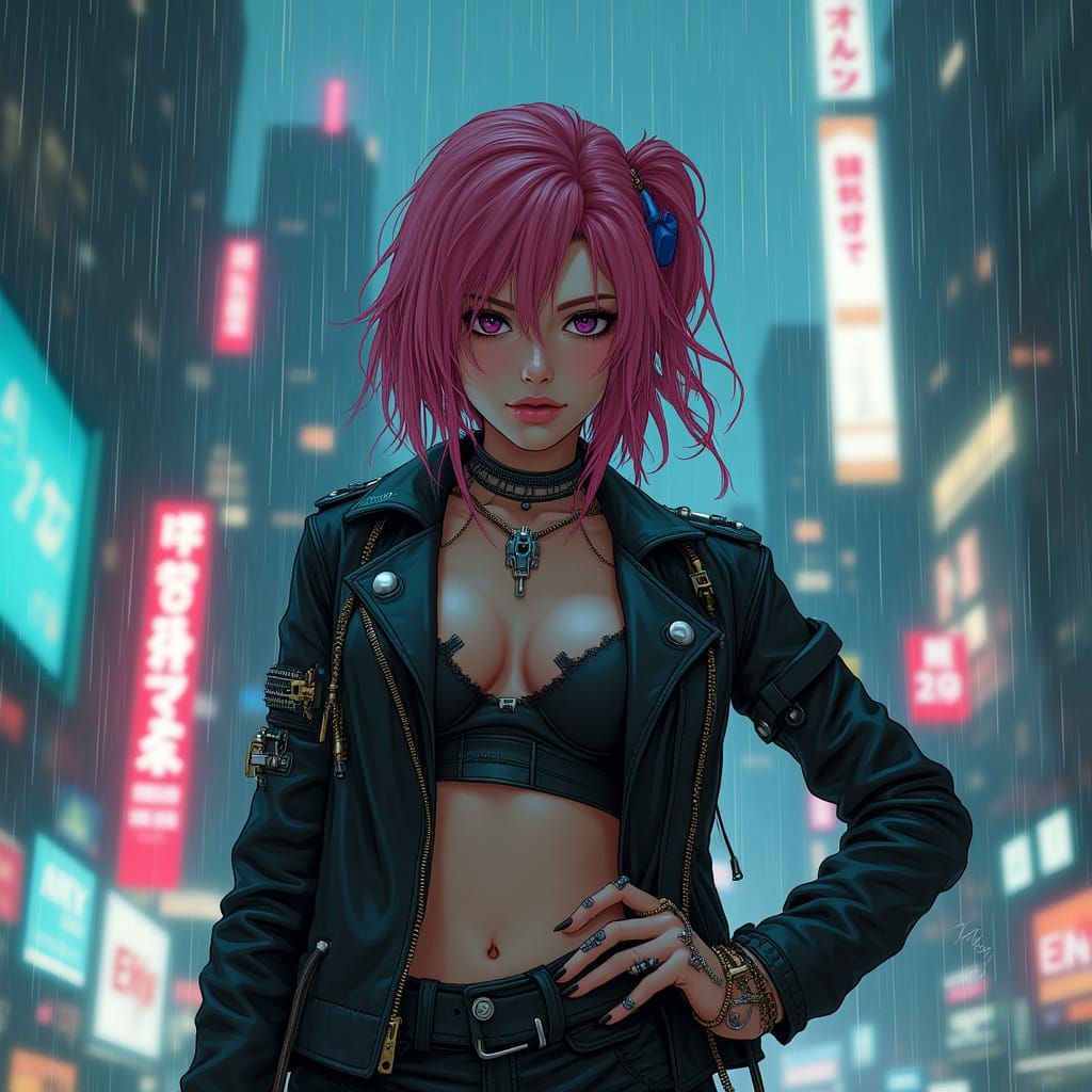 Cyberpunk Woman with Neon Hair in Rainy Cityscape