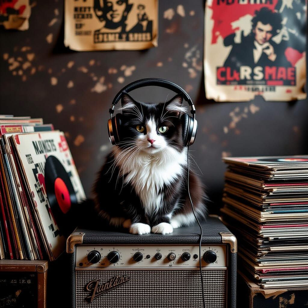 Tuxedo Cat Listens to Vinyl in Punk Rock Style