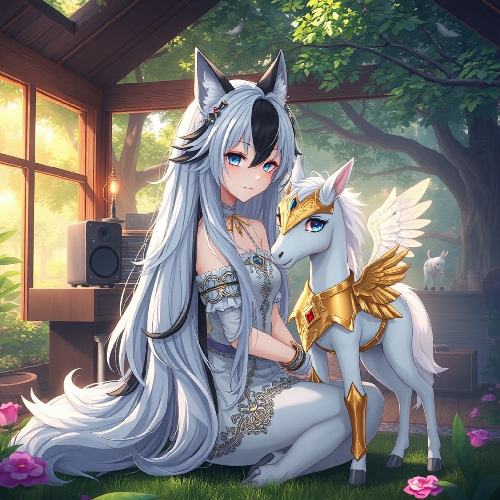 Anime Girl with Wolf Features and Winged Horse