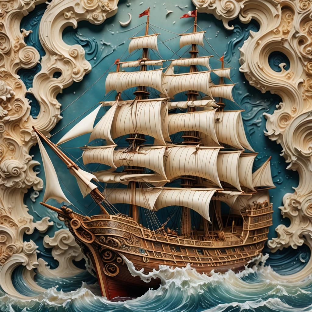 Intricately Carved Ivory Ship on Jet Sea