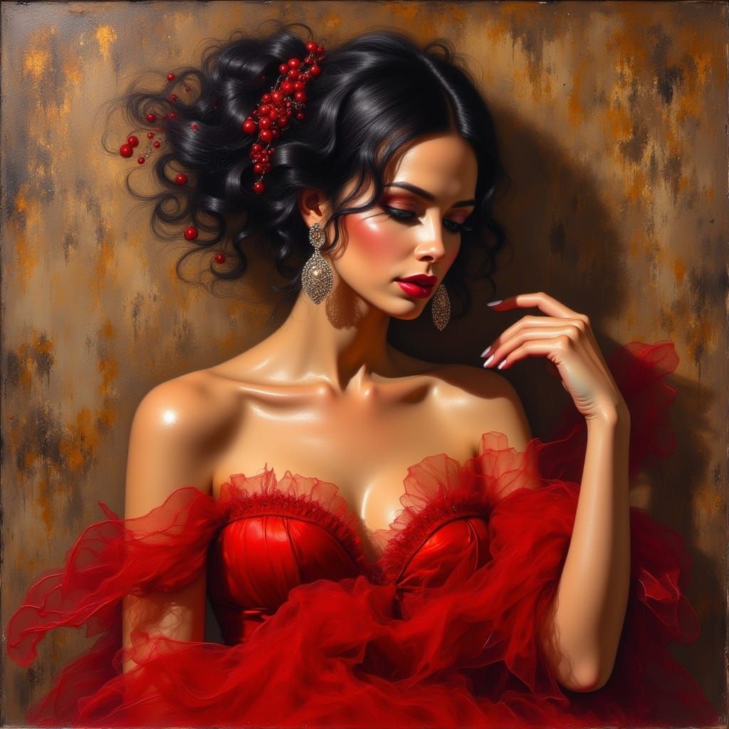 Stylish Woman in Red Organza Dress as Oil Painting