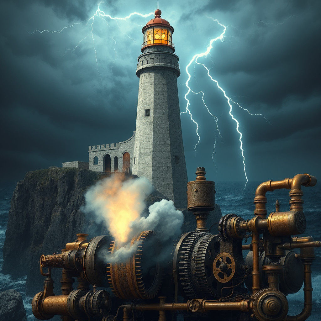 Steampunk Lighthouse in Stormy Seas