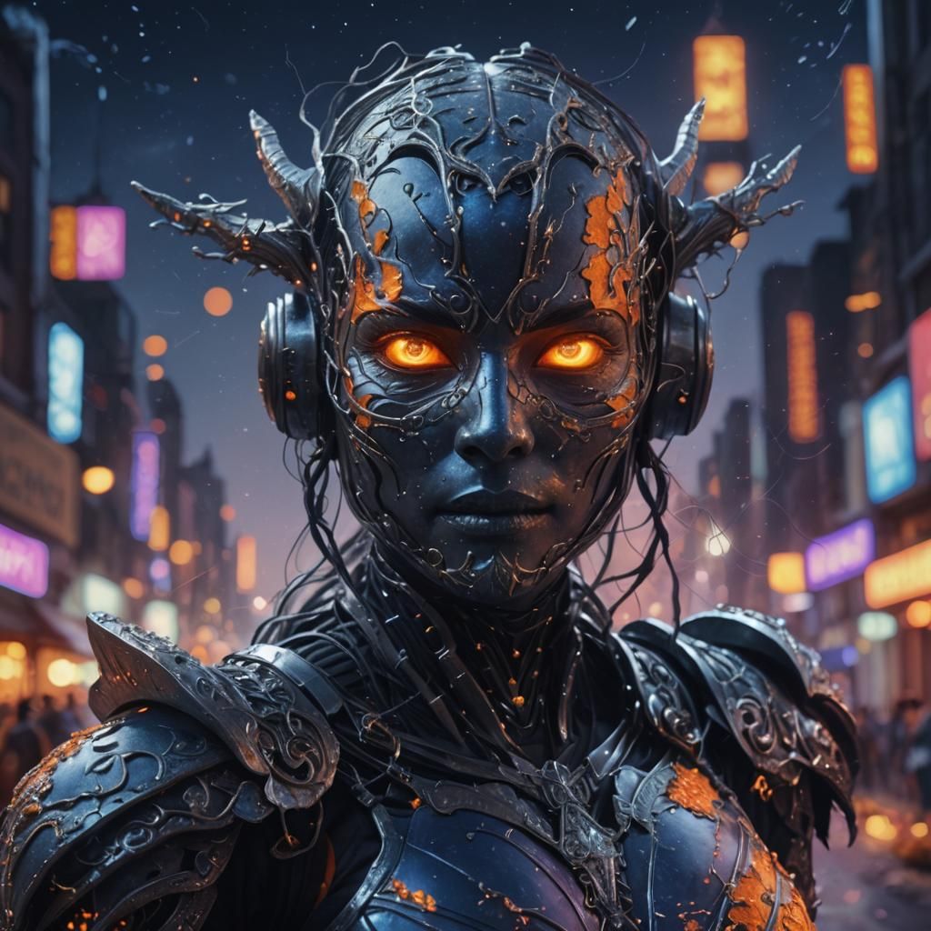 Armored Pumpkin Woman Under Starry Night Sky