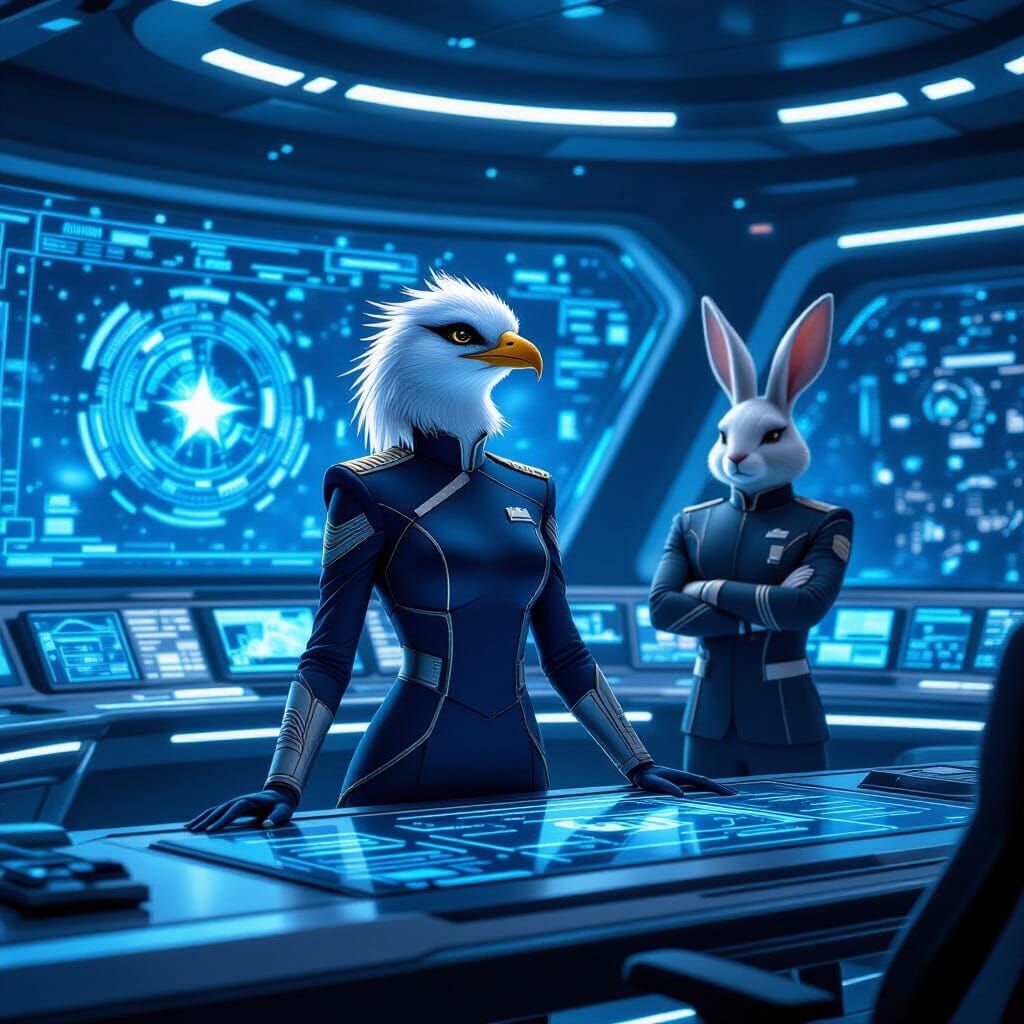 Interstellar Command Bridge with Anthropomorphic Crew