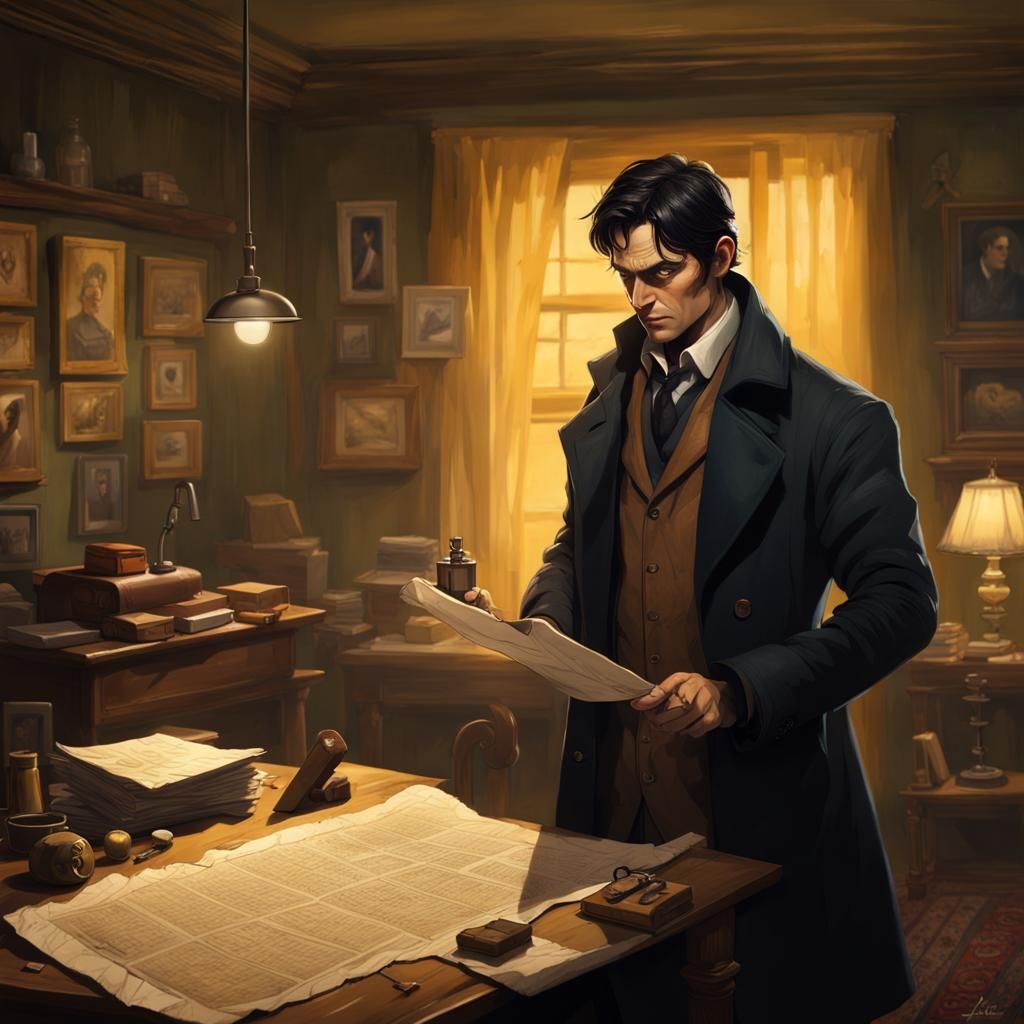 Detective Inspecting Parchment in Dimly Lit Room