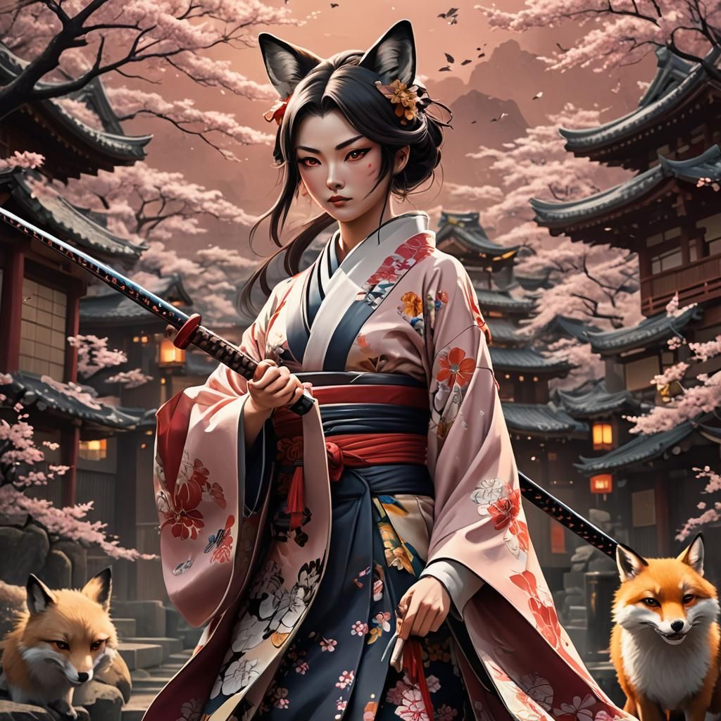 Kimono Woman with Katana in Edo Japan: 3D Anime Art