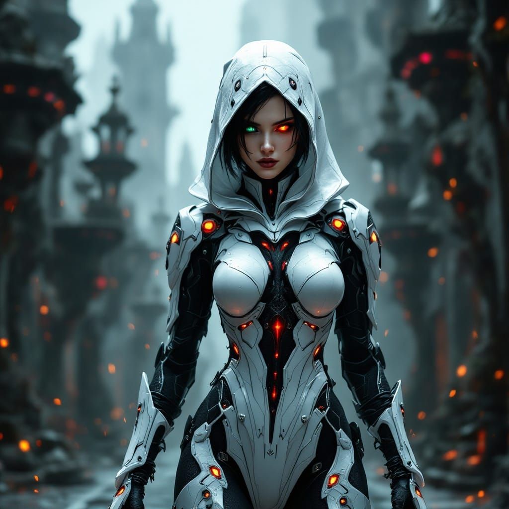 Elegant Goth Demon Hunter Lady in Cyberpunk Armor