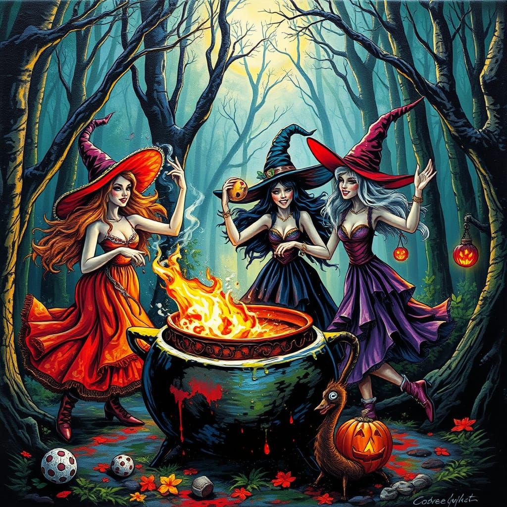 Joyful Witches Dancing in Haunted Forest Graffiti Art