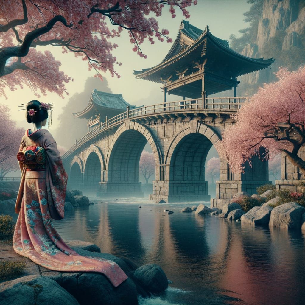 Geisha on Stone Bridge in Japan: Digital Matte Painting