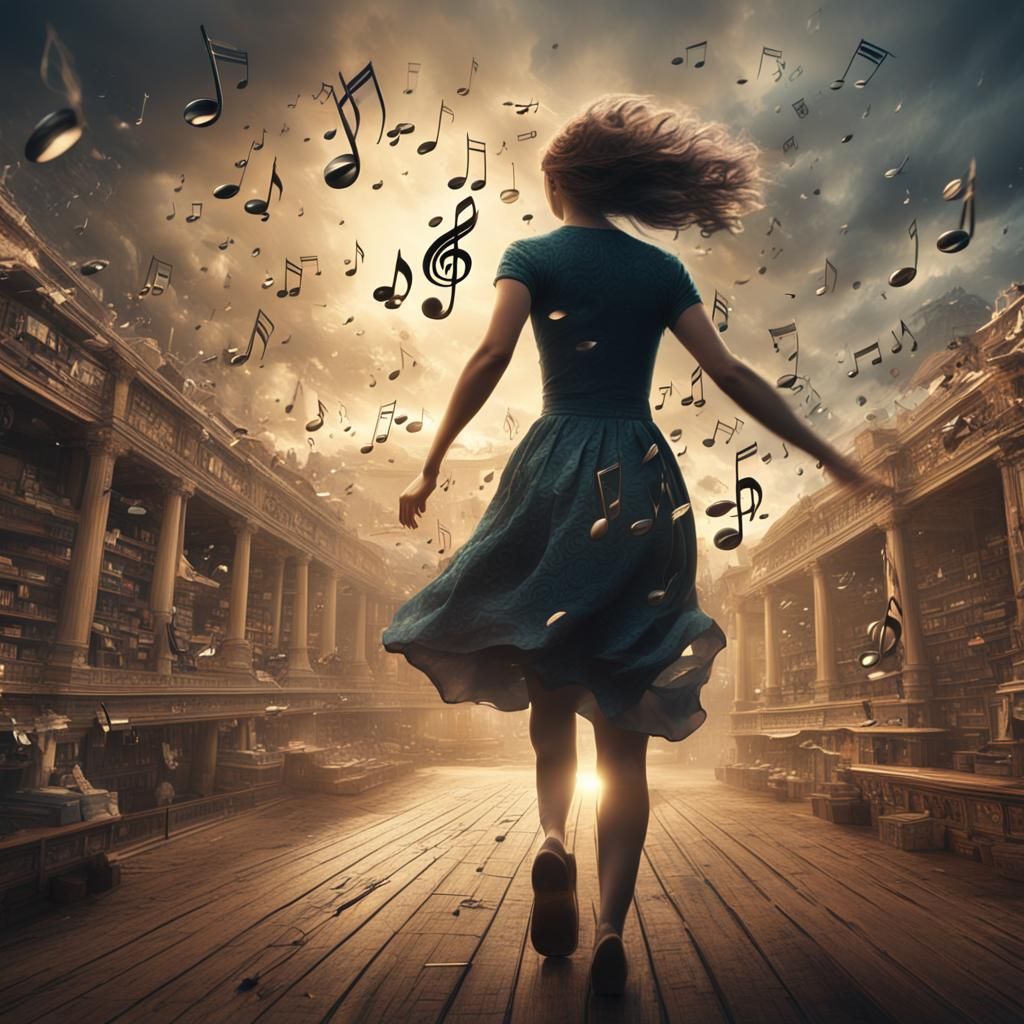 Woman Chasing Music Notes: Digital Matte Painting