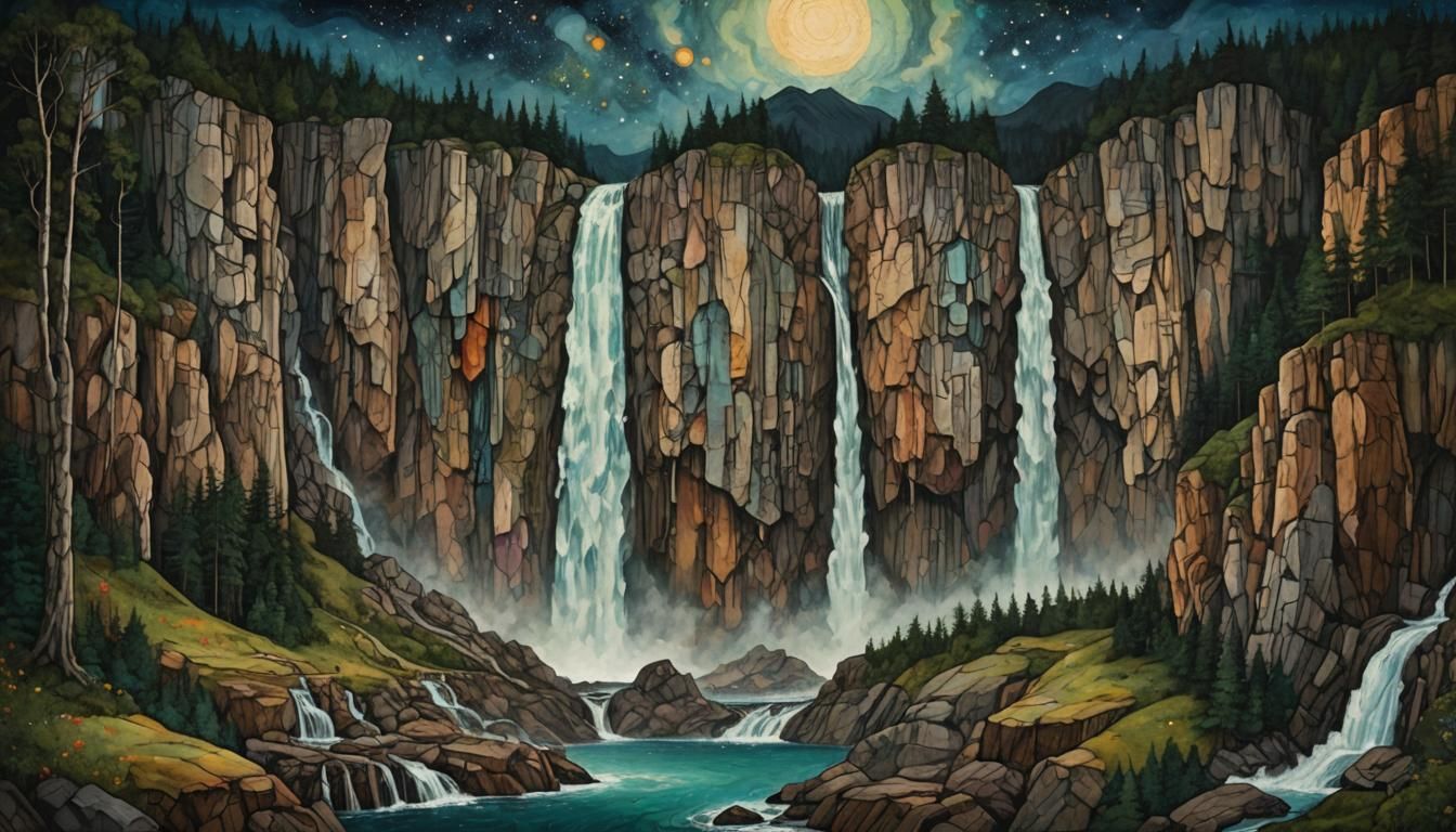 Epic Waterfall Landscape Painting in Expressionist Style