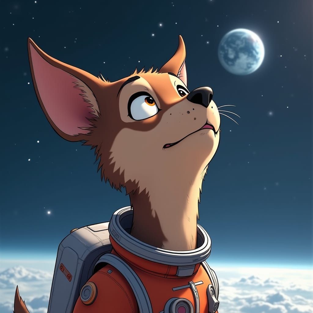 Dog Astronaut Contemplates Earth: Anime Style