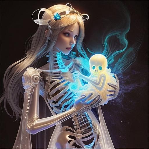 Luminescent Ghost with Skeleton Baby in Watercolor Art