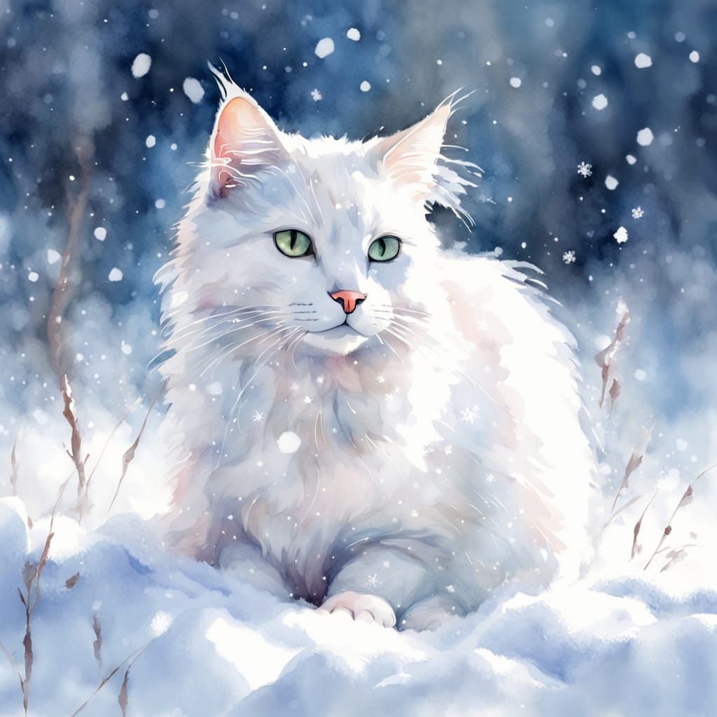 Watercolor Portrait of a White Cat in Snow
