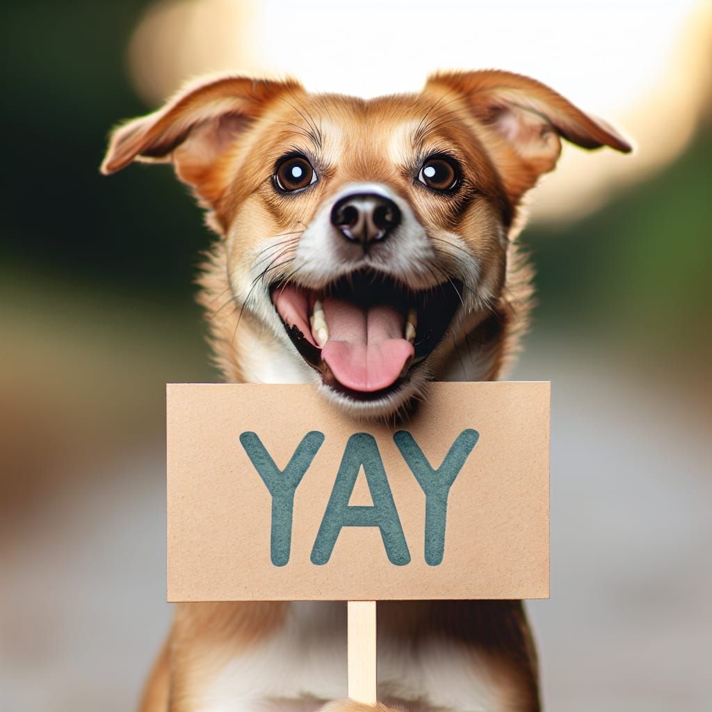 Joyful Dog Holds 'Yay' Sign