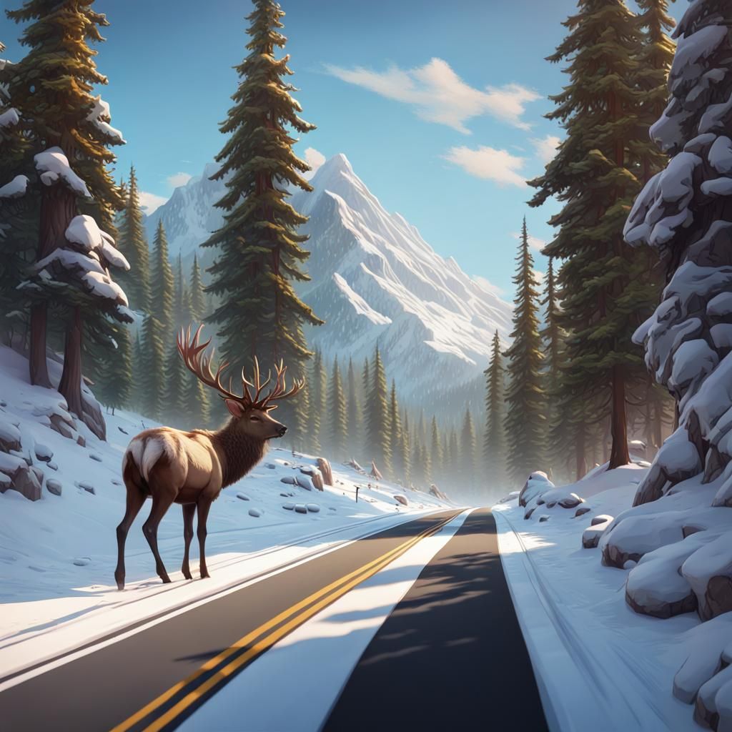 Snowy Mountain Road with Wildlife Portrait