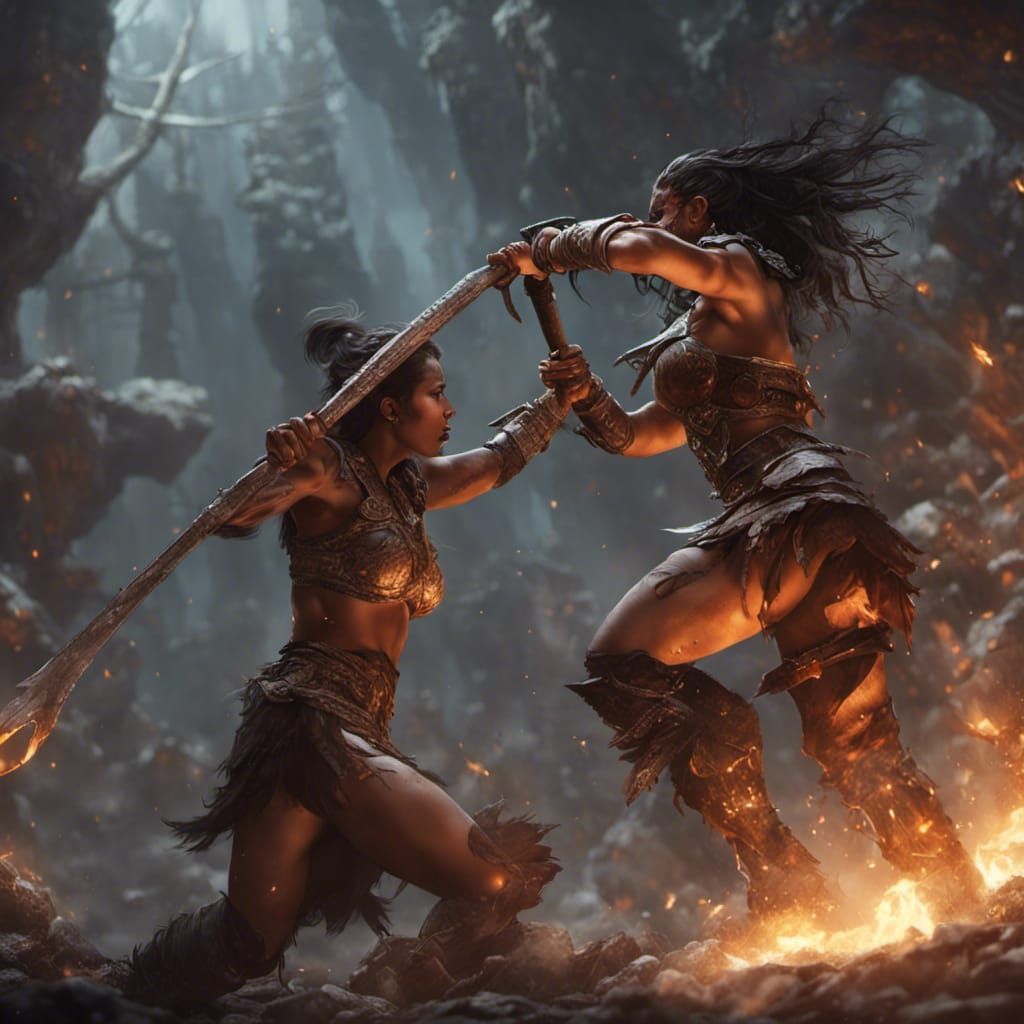 Amazon and Barbarian Women Clash: Dark Fantasy Art