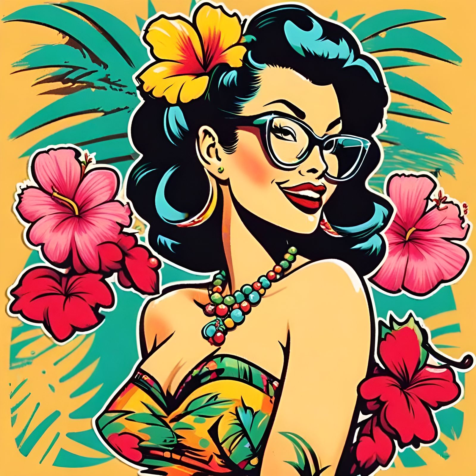 1950s Tiki Pinup Girls Sticker Art