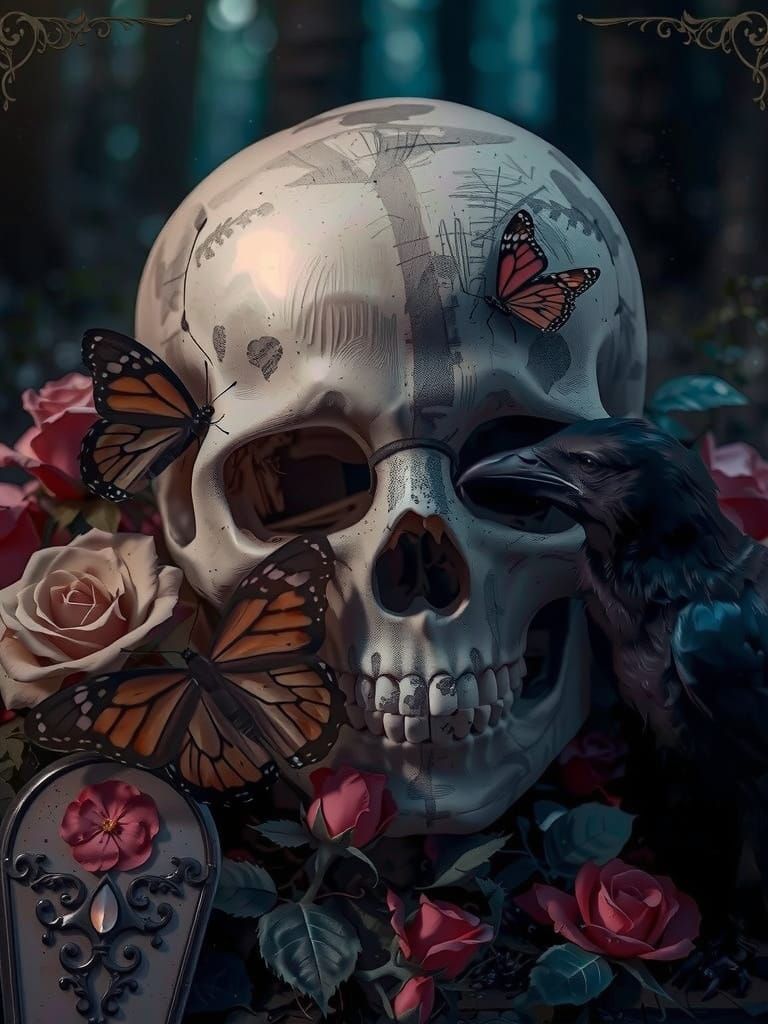 Dark academia, grunge, victorian photo collage of a grunge skull, black cat, monarch butterflies, coffin, raven, roses
